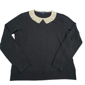 Brooks Brothers 346 Sweater Womens Black L‎ Lace Beaded Collar 100% Merino Wool